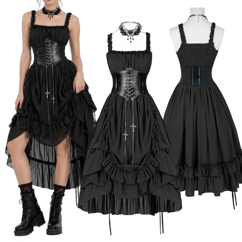 Midi Dress - Women Gothic Dress Corset Slip Black