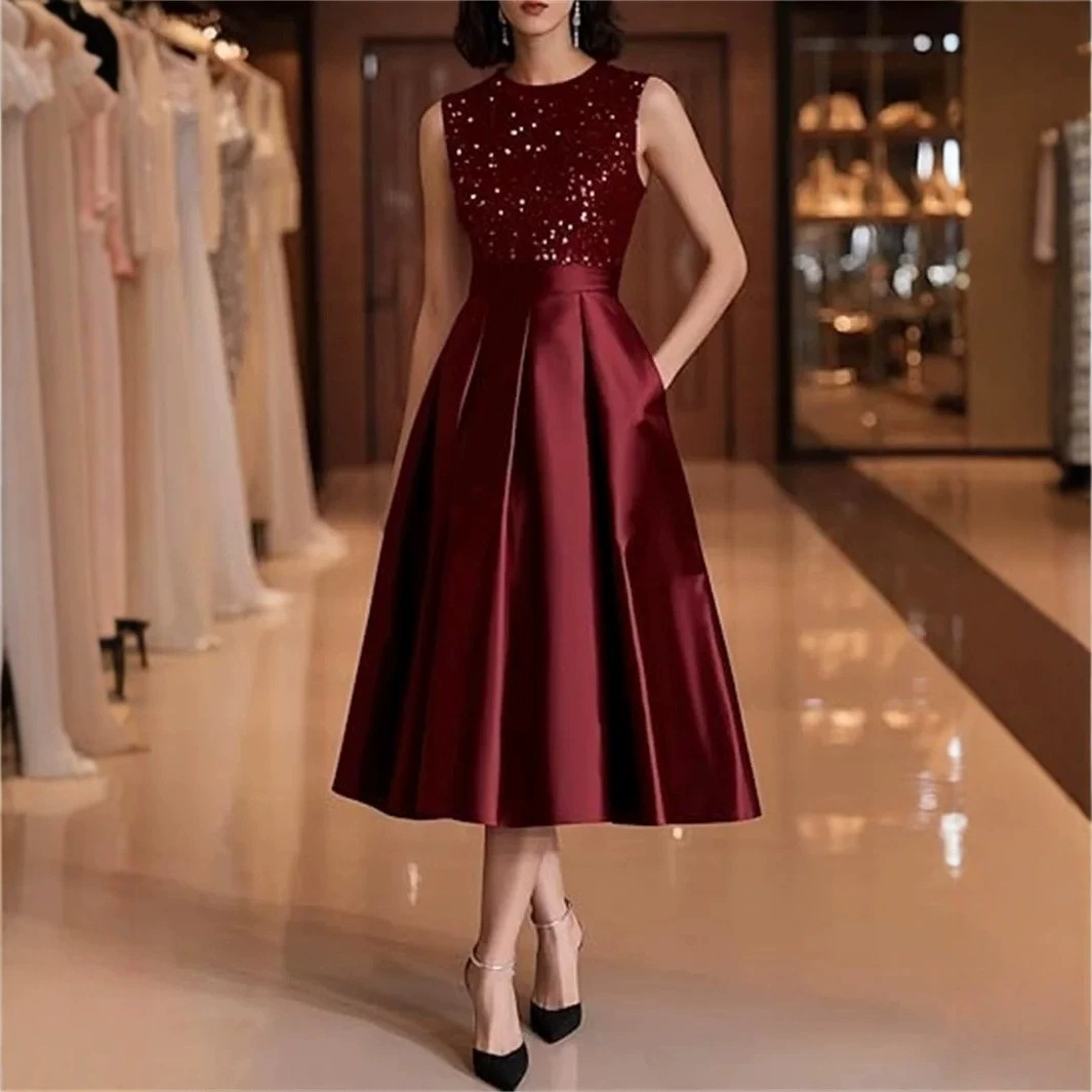 Burgundy Sequin Satin Midi Dre - đánh giá và giá Midi Dress