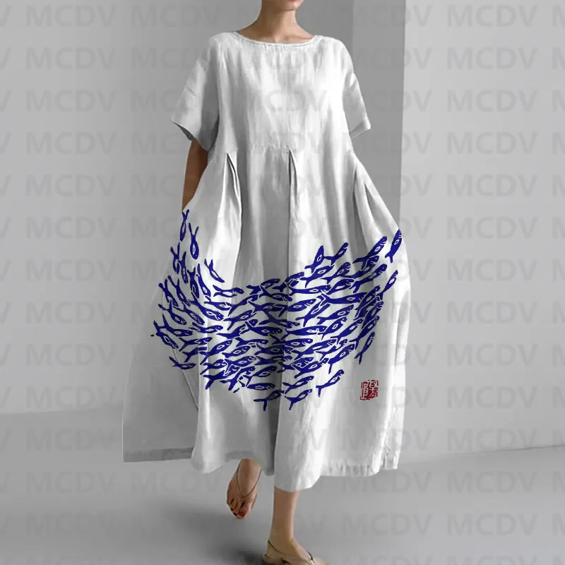 Japanese Vintage Fish Art Prin - đánh giá và giá Midi Dress
