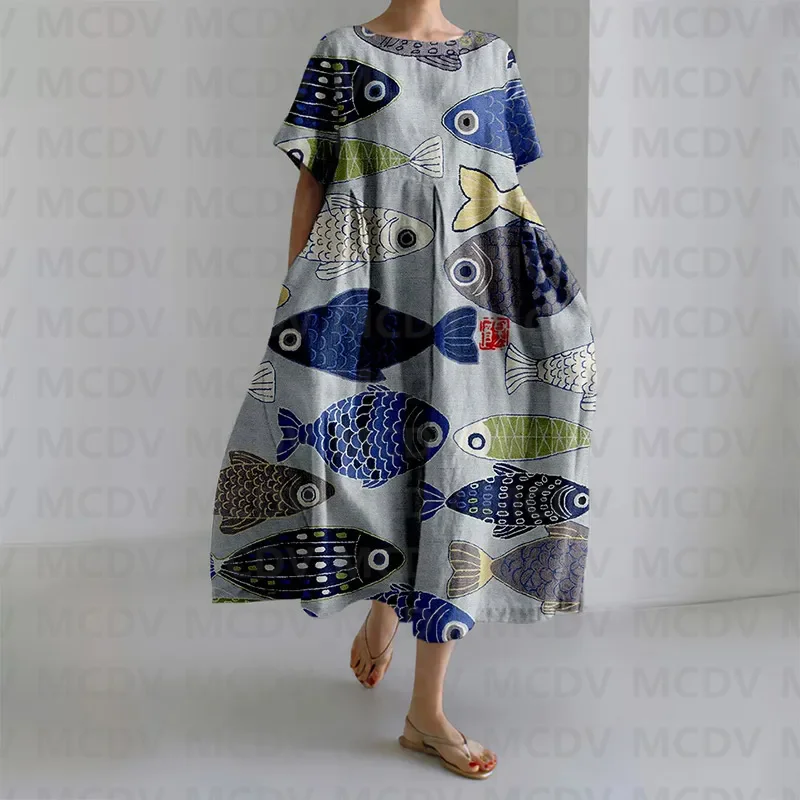 Japanese Vintage Fish Art Prin - đánh giá và giá Midi Dress