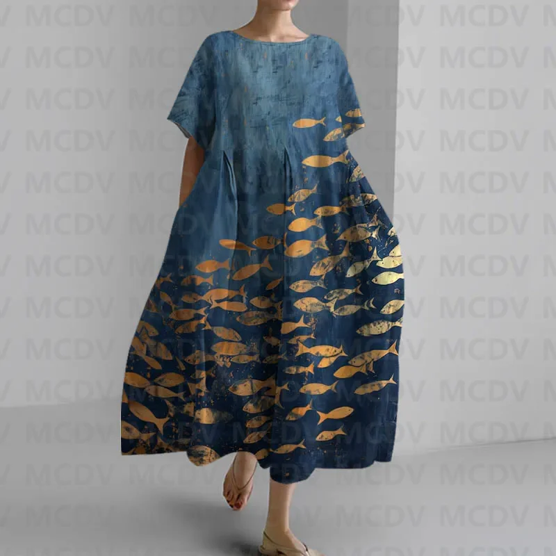 Japanese Vintage Fish Art Prin - đánh giá và giá Midi Dress